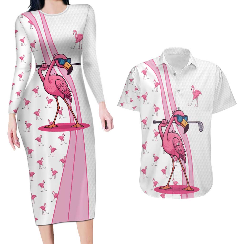 Personalized Pink Flamingo Playing Golf Couples Matching Long Sleeve Bodycon Dress and Hawaiian Shirt Sunglasses and White Pattern Background Design - Wonder Print Shop