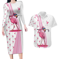 Personalized Pink Flamingo Playing Golf Couples Matching Long Sleeve Bodycon Dress and Hawaiian Shirt Sunglasses and White Pattern Background Design - Wonder Print Shop
