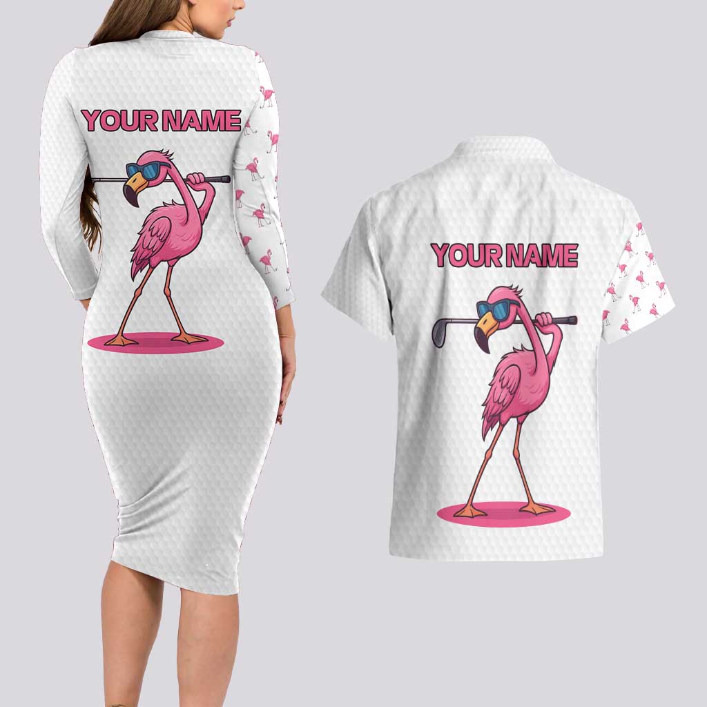 Personalized Pink Flamingo Playing Golf Couples Matching Long Sleeve Bodycon Dress and Hawaiian Shirt Sunglasses and White Pattern Background Design - Wonder Print Shop