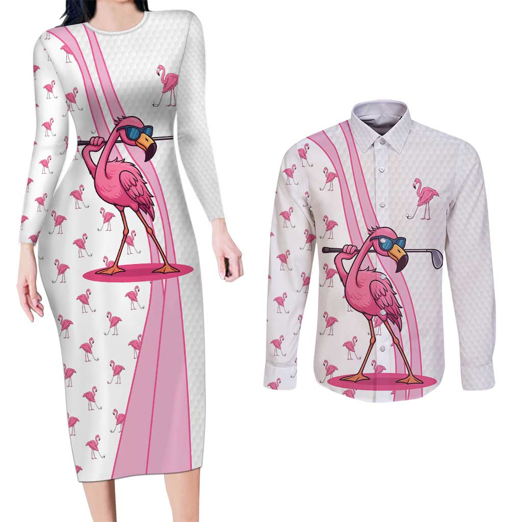 Personalized Pink Flamingo Playing Golf Couples Matching Long Sleeve Bodycon Dress and Long Sleeve Button Shirt Sunglasses and White Pattern Background Design - Wonder Print Shop