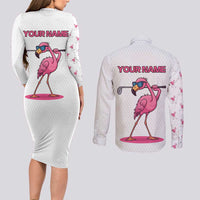 Personalized Pink Flamingo Playing Golf Couples Matching Long Sleeve Bodycon Dress and Long Sleeve Button Shirt Sunglasses and White Pattern Background Design - Wonder Print Shop