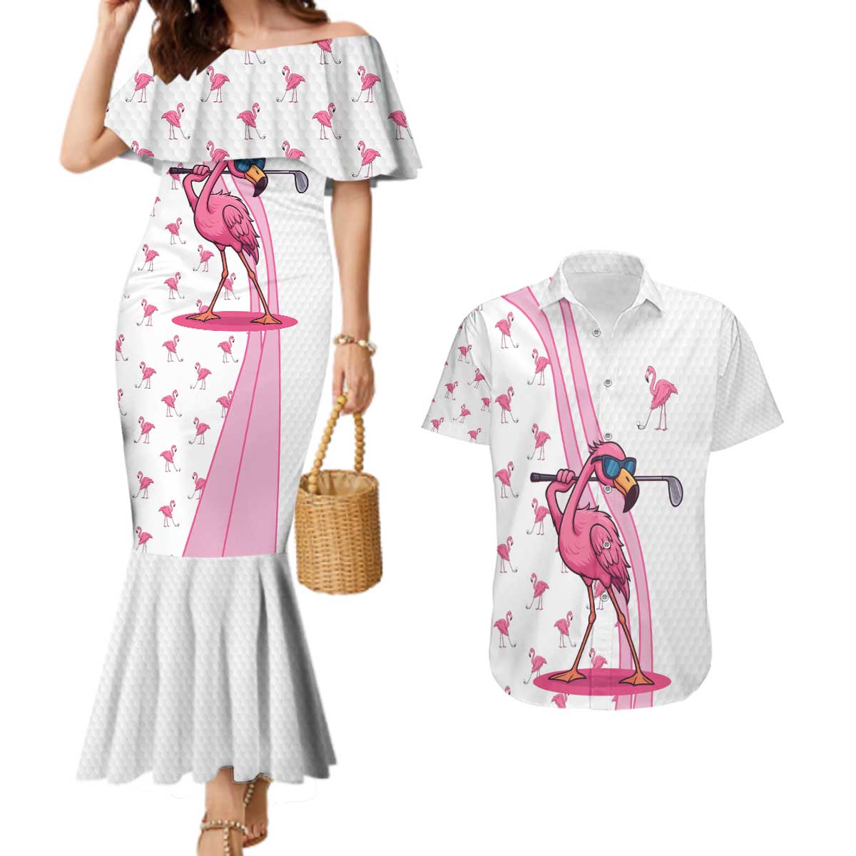 Personalized Pink Flamingo Playing Golf Couples Matching Mermaid Dress and Hawaiian Shirt Sunglasses and White Pattern Background Design - Wonder Print Shop