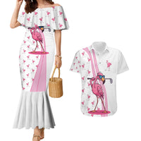 Personalized Pink Flamingo Playing Golf Couples Matching Mermaid Dress and Hawaiian Shirt Sunglasses and White Pattern Background Design - Wonder Print Shop