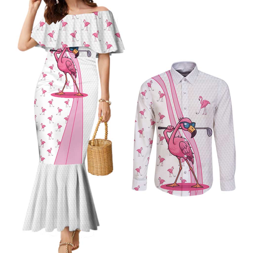 Personalized Pink Flamingo Playing Golf Couples Matching Mermaid Dress and Long Sleeve Button Shirt Sunglasses and White Pattern Background Design - Wonder Print Shop