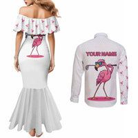 Personalized Pink Flamingo Playing Golf Couples Matching Mermaid Dress and Long Sleeve Button Shirt Sunglasses and White Pattern Background Design - Wonder Print Shop