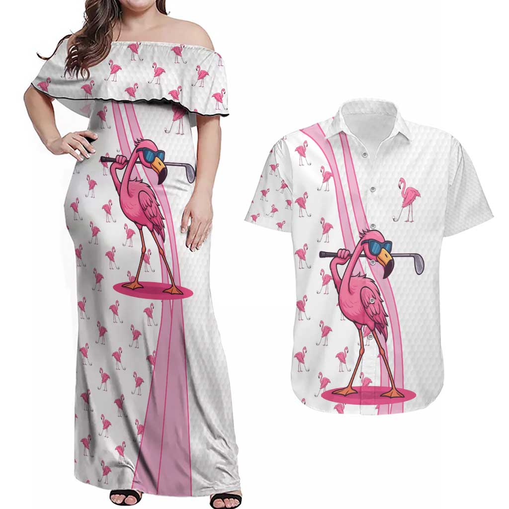 Personalized Pink Flamingo Playing Golf Couples Matching Off Shoulder Maxi Dress and Hawaiian Shirt Sunglasses and White Pattern Background Design - Wonder Print Shop
