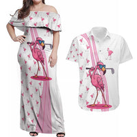 Personalized Pink Flamingo Playing Golf Couples Matching Off Shoulder Maxi Dress and Hawaiian Shirt Sunglasses and White Pattern Background Design - Wonder Print Shop