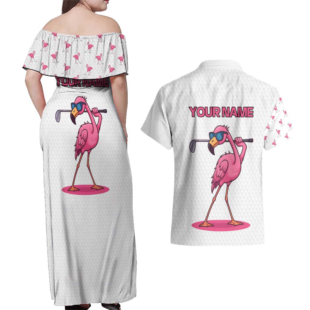 Personalized Pink Flamingo Playing Golf Couples Matching Off Shoulder Maxi Dress and Hawaiian Shirt Sunglasses and White Pattern Background Design - Wonder Print Shop