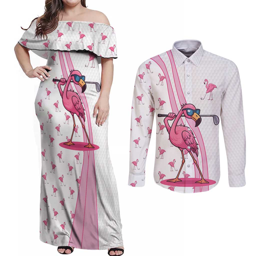 Personalized Pink Flamingo Playing Golf Couples Matching Off Shoulder Maxi Dress and Long Sleeve Button Shirt Sunglasses and White Pattern Background Design - Wonder Print Shop