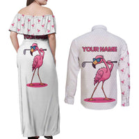 Personalized Pink Flamingo Playing Golf Couples Matching Off Shoulder Maxi Dress and Long Sleeve Button Shirt Sunglasses and White Pattern Background Design - Wonder Print Shop