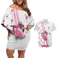 Personalized Pink Flamingo Playing Golf Couples Matching Off Shoulder Short Dress and Hawaiian Shirt Sunglasses and White Pattern Background Design - Wonder Print Shop