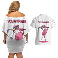 Personalized Pink Flamingo Playing Golf Couples Matching Off Shoulder Short Dress and Hawaiian Shirt Sunglasses and White Pattern Background Design - Wonder Print Shop