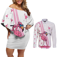 Personalized Pink Flamingo Playing Golf Couples Matching Off Shoulder Short Dress and Long Sleeve Button Shirt Sunglasses and White Pattern Background Design - Wonder Print Shop