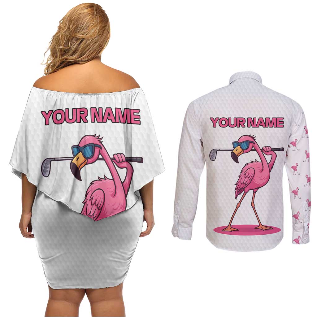 Personalized Pink Flamingo Playing Golf Couples Matching Off Shoulder Short Dress and Long Sleeve Button Shirt Sunglasses and White Pattern Background Design - Wonder Print Shop