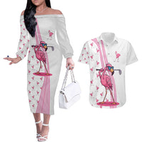 Personalized Pink Flamingo Playing Golf Couples Matching Off The Shoulder Long Sleeve Dress and Hawaiian Shirt Sunglasses and White Pattern Background Design - Wonder Print Shop