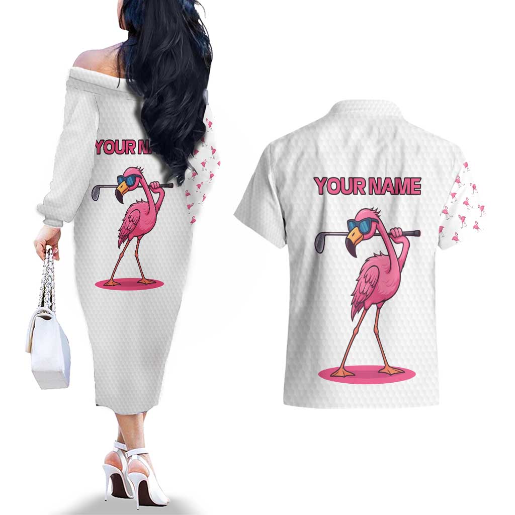 Personalized Pink Flamingo Playing Golf Couples Matching Off The Shoulder Long Sleeve Dress and Hawaiian Shirt Sunglasses and White Pattern Background Design - Wonder Print Shop