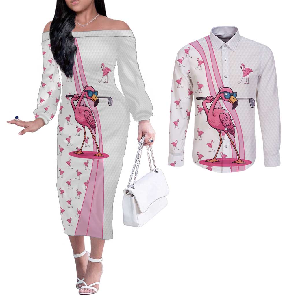Personalized Pink Flamingo Playing Golf Couples Matching Off The Shoulder Long Sleeve Dress and Long Sleeve Button Shirt Sunglasses and White Pattern Background Design - Wonder Print Shop