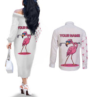 Personalized Pink Flamingo Playing Golf Couples Matching Off The Shoulder Long Sleeve Dress and Long Sleeve Button Shirt Sunglasses and White Pattern Background Design - Wonder Print Shop