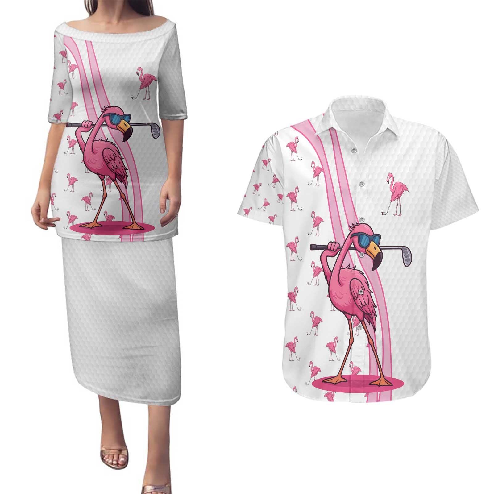 Personalized Pink Flamingo Playing Golf Couples Matching Puletasi and Hawaiian Shirt Sunglasses and White Pattern Background Design - Wonder Print Shop