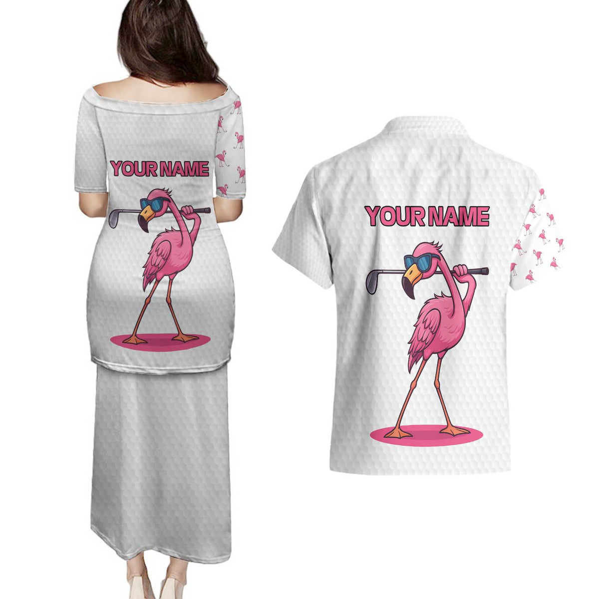 Personalized Pink Flamingo Playing Golf Couples Matching Puletasi and Hawaiian Shirt Sunglasses and White Pattern Background Design - Wonder Print Shop