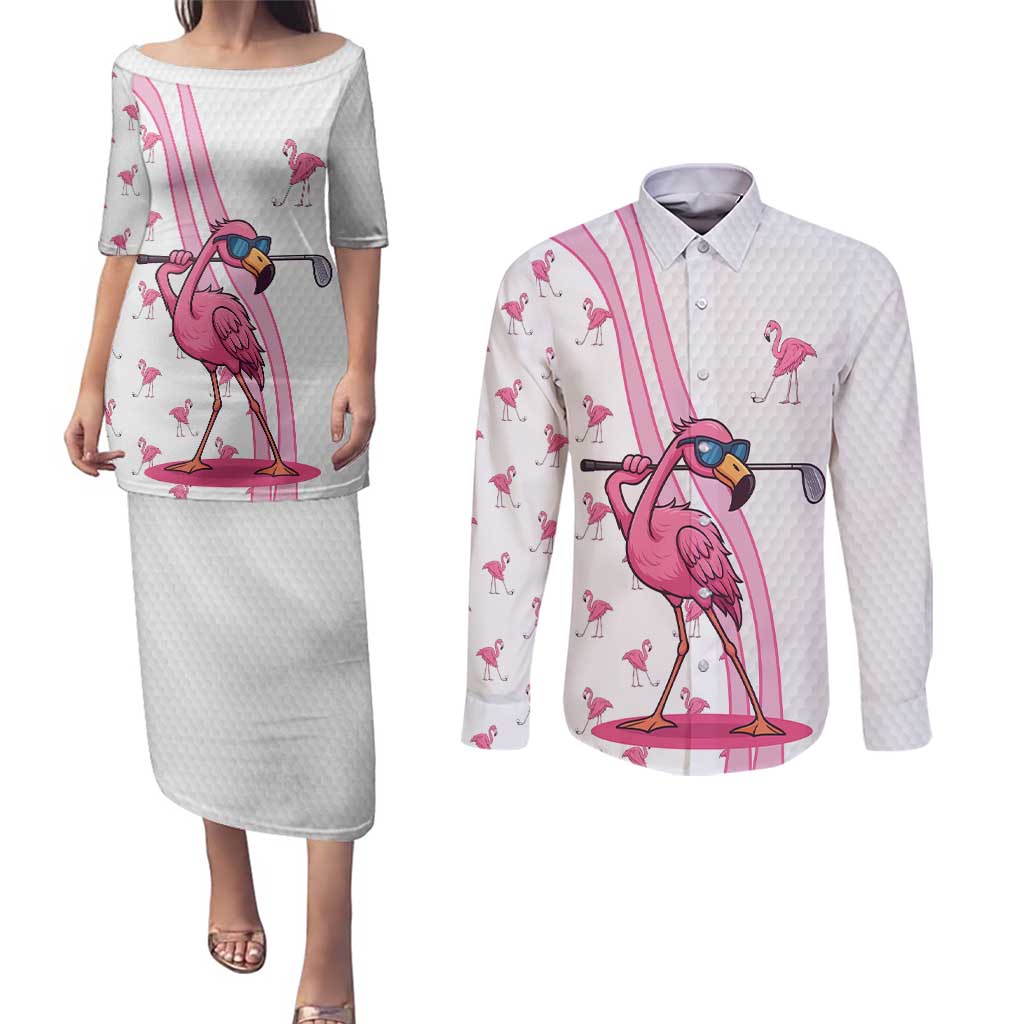 Personalized Pink Flamingo Playing Golf Couples Matching Puletasi and Long Sleeve Button Shirt Sunglasses and White Pattern Background Design - Wonder Print Shop