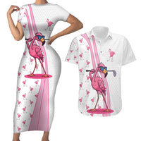 Personalized Pink Flamingo Playing Golf Couples Matching Short Sleeve Bodycon Dress and Hawaiian Shirt Sunglasses and White Pattern Background Design - Wonder Print Shop