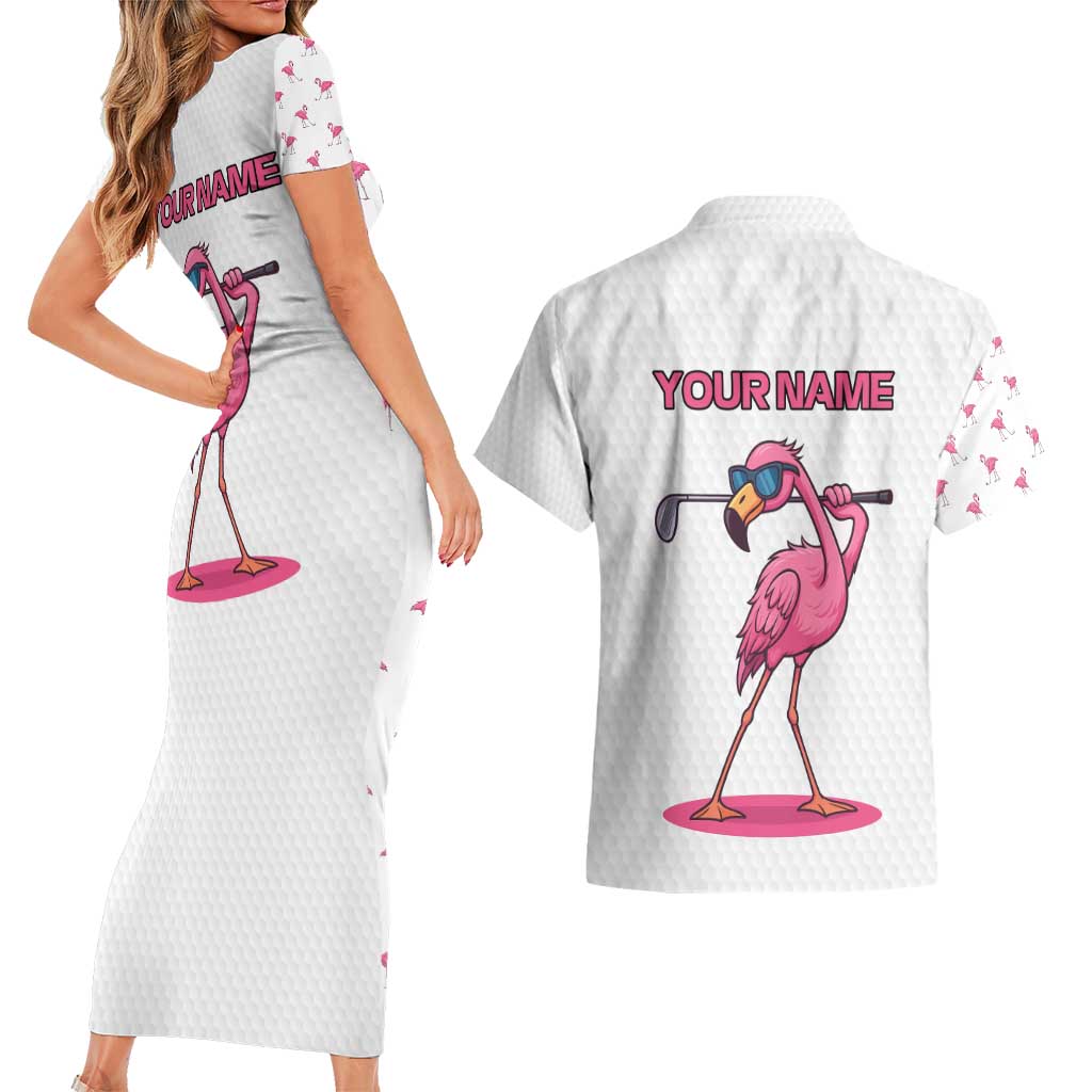 Personalized Pink Flamingo Playing Golf Couples Matching Short Sleeve Bodycon Dress and Hawaiian Shirt Sunglasses and White Pattern Background Design - Wonder Print Shop