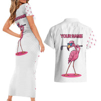 Personalized Pink Flamingo Playing Golf Couples Matching Short Sleeve Bodycon Dress and Hawaiian Shirt Sunglasses and White Pattern Background Design - Wonder Print Shop