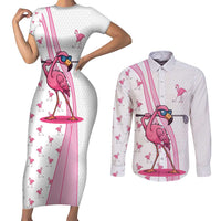 Personalized Pink Flamingo Playing Golf Couples Matching Short Sleeve Bodycon Dress and Long Sleeve Button Shirt Sunglasses and White Pattern Background Design - Wonder Print Shop