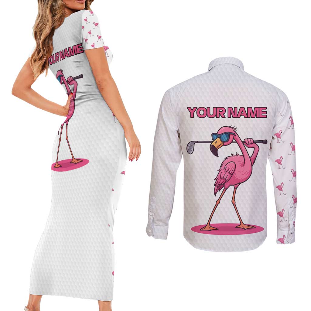 Personalized Pink Flamingo Playing Golf Couples Matching Short Sleeve Bodycon Dress and Long Sleeve Button Shirt Sunglasses and White Pattern Background Design - Wonder Print Shop