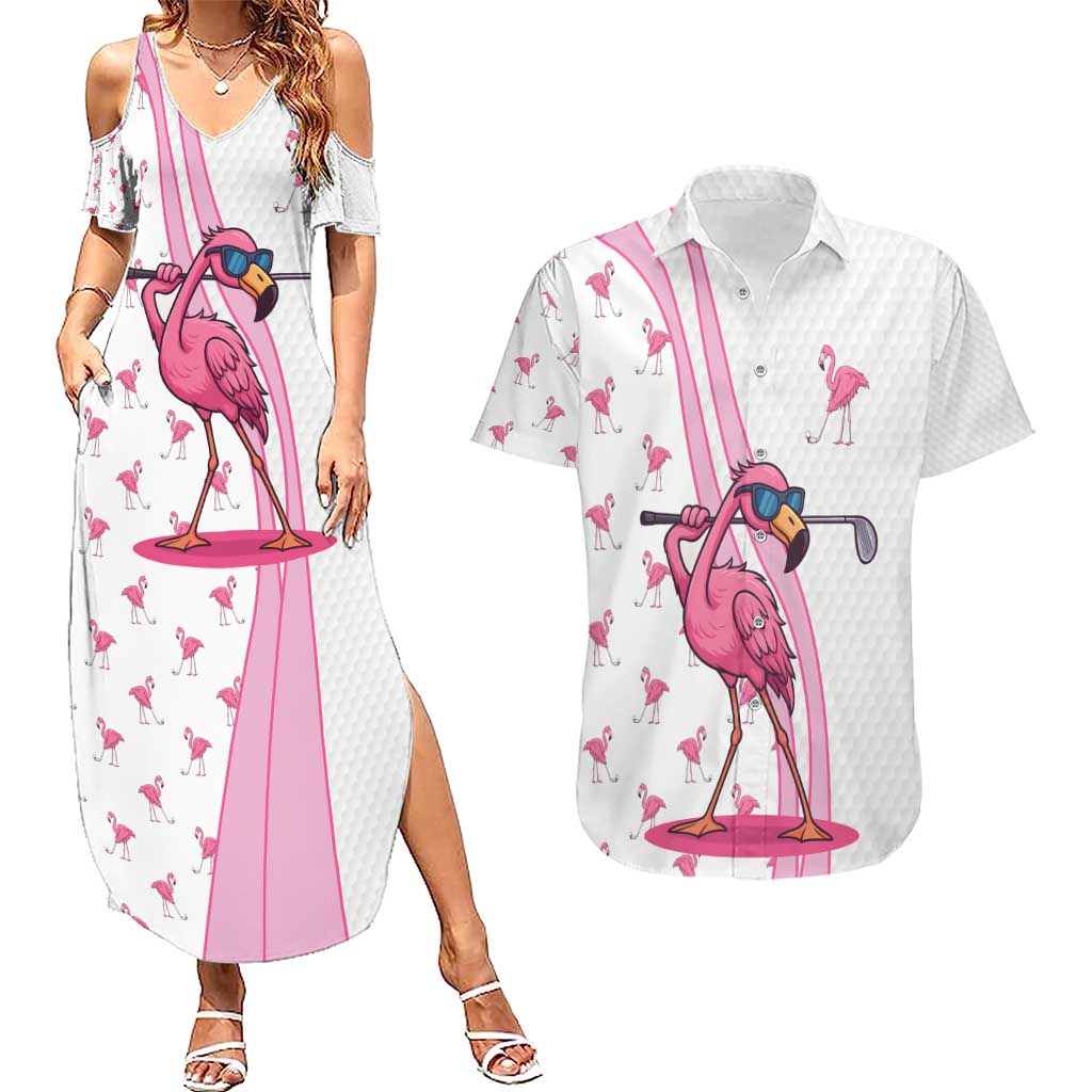 Personalized Pink Flamingo Playing Golf Couples Matching Summer Maxi Dress and Hawaiian Shirt Sunglasses and White Pattern Background Design - Wonder Print Shop