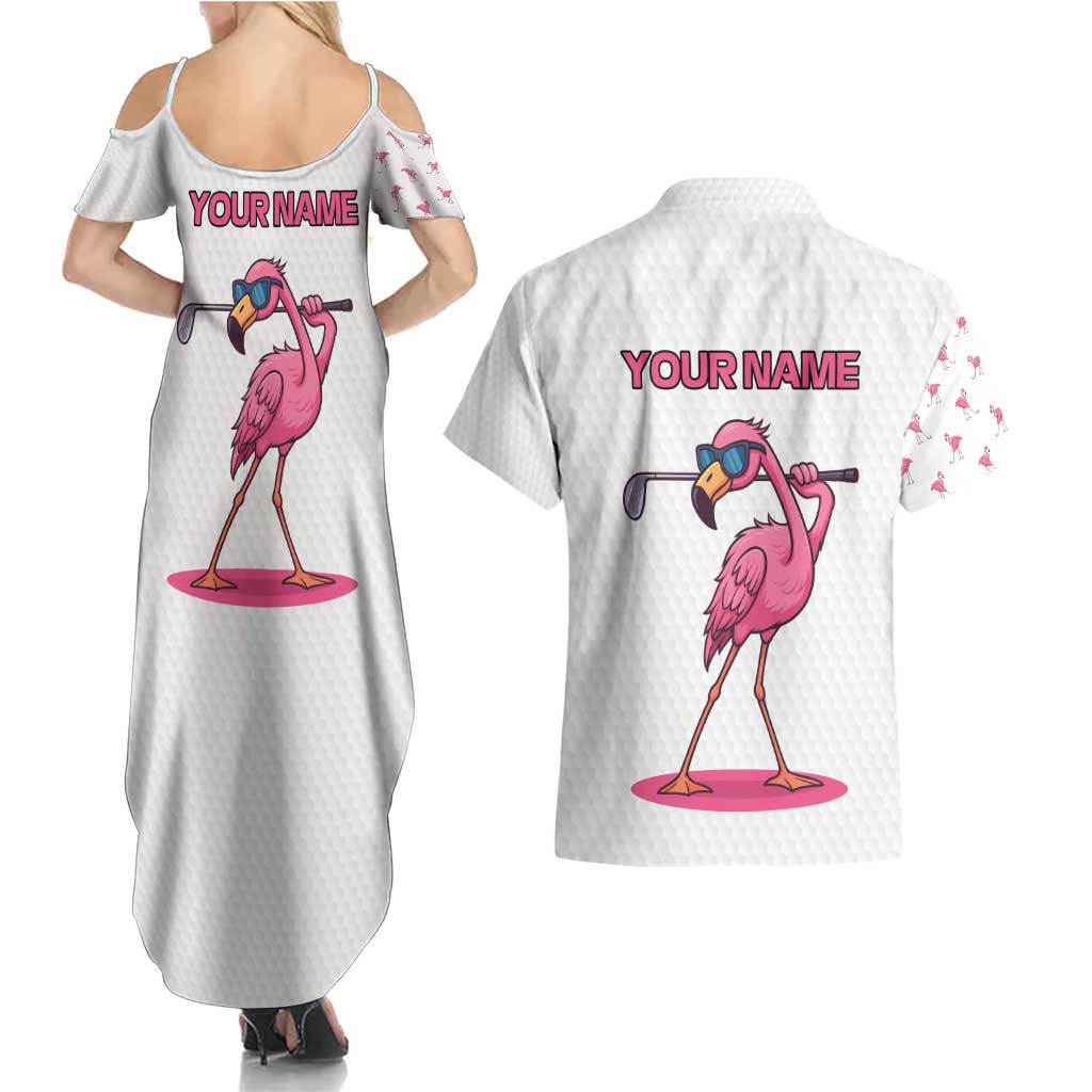 Personalized Pink Flamingo Playing Golf Couples Matching Summer Maxi Dress and Hawaiian Shirt Sunglasses and White Pattern Background Design - Wonder Print Shop