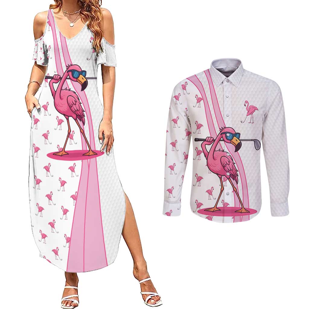 Personalized Pink Flamingo Playing Golf Couples Matching Summer Maxi Dress and Long Sleeve Button Shirt Sunglasses and White Pattern Background Design - Wonder Print Shop