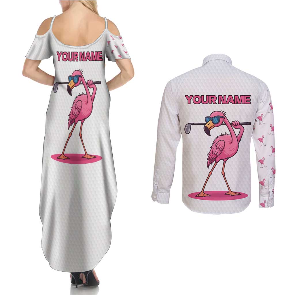 Personalized Pink Flamingo Playing Golf Couples Matching Summer Maxi Dress and Long Sleeve Button Shirt Sunglasses and White Pattern Background Design - Wonder Print Shop