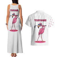 Personalized Pink Flamingo Playing Golf Couples Matching Tank Maxi Dress and Hawaiian Shirt Sunglasses and White Pattern Background Design - Wonder Print Shop