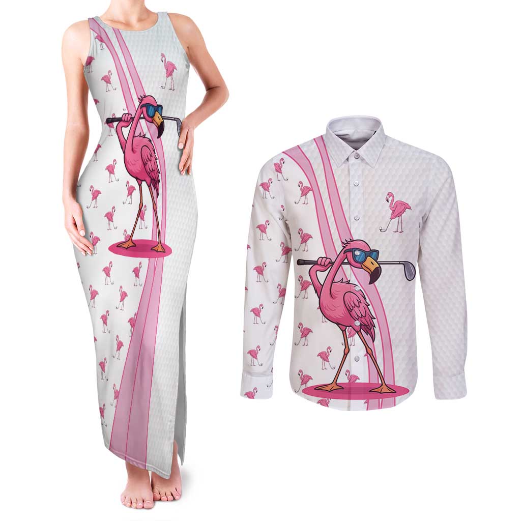 Personalized Pink Flamingo Playing Golf Couples Matching Tank Maxi Dress and Long Sleeve Button Shirt Sunglasses and White Pattern Background Design - Wonder Print Shop
