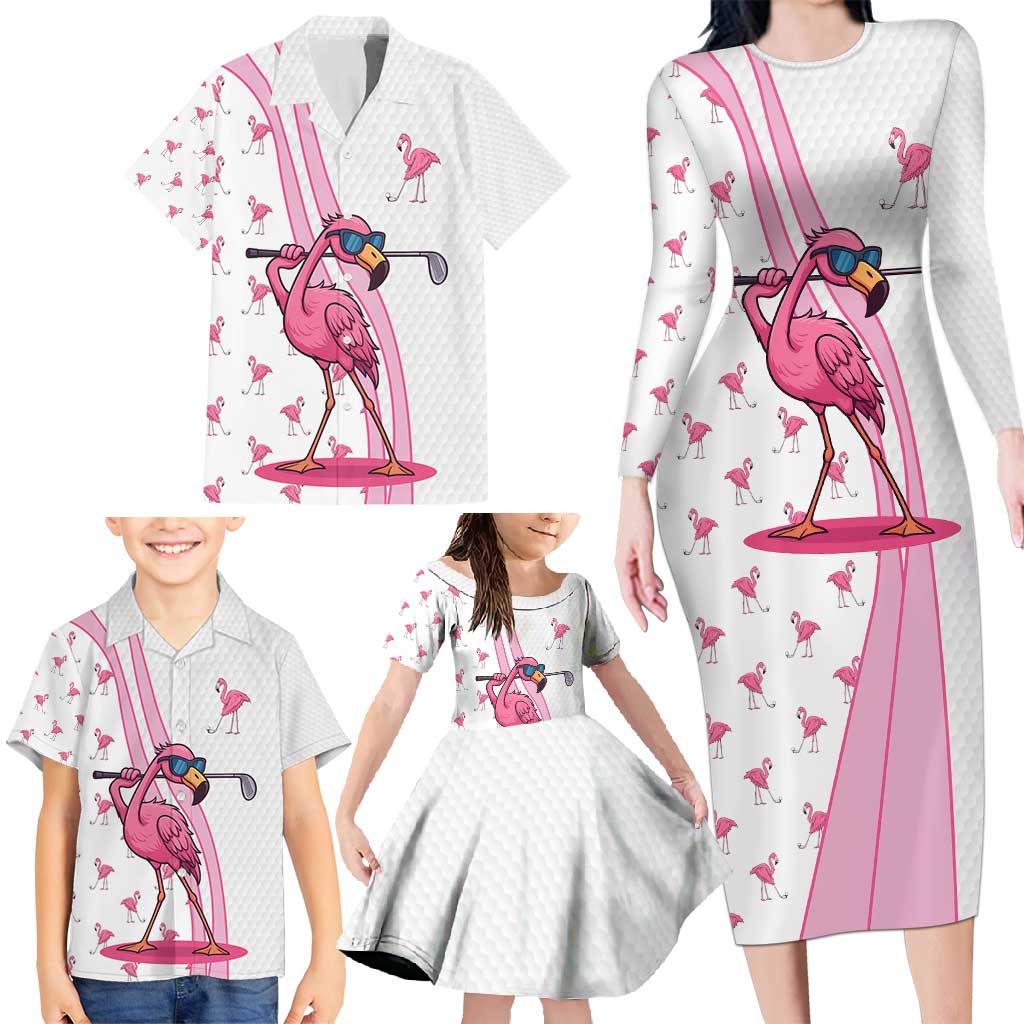 Personalized Pink Flamingo Playing Golf Family Matching Long Sleeve Bodycon Dress and Hawaiian Shirt Sunglasses and White Pattern Background Design - Wonder Print Shop
