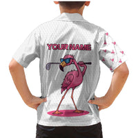 Personalized Pink Flamingo Playing Golf Family Matching Mermaid Dress and Hawaiian Shirt Sunglasses and White Pattern Background Design - Wonder Print Shop
