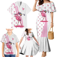 Personalized Pink Flamingo Playing Golf Family Matching Mermaid Dress and Hawaiian Shirt Sunglasses and White Pattern Background Design - Wonder Print Shop