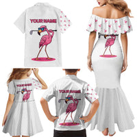 Personalized Pink Flamingo Playing Golf Family Matching Mermaid Dress and Hawaiian Shirt Sunglasses and White Pattern Background Design - Wonder Print Shop