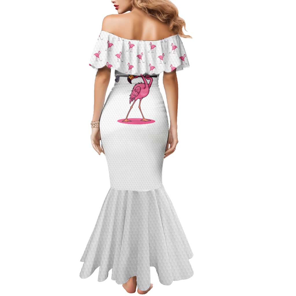 Personalized Pink Flamingo Playing Golf Family Matching Mermaid Dress and Hawaiian Shirt Sunglasses and White Pattern Background Design - Wonder Print Shop