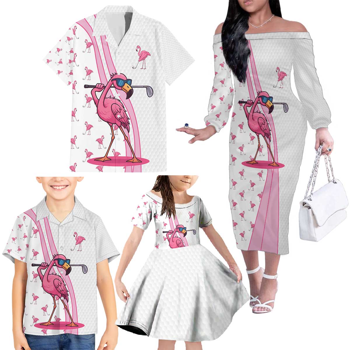 Personalized Pink Flamingo Playing Golf Family Matching Off The Shoulder Long Sleeve Dress and Hawaiian Shirt Sunglasses and White Pattern Background Design - Wonder Print Shop