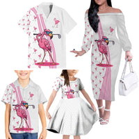 Personalized Pink Flamingo Playing Golf Family Matching Off The Shoulder Long Sleeve Dress and Hawaiian Shirt Sunglasses and White Pattern Background Design - Wonder Print Shop