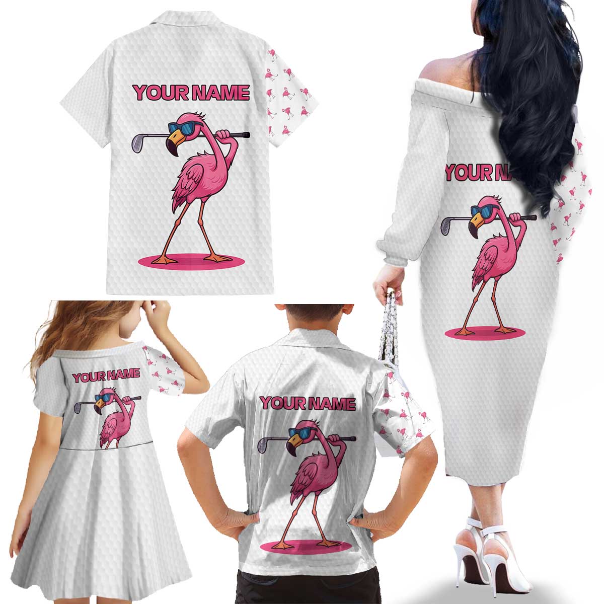 Personalized Pink Flamingo Playing Golf Family Matching Off The Shoulder Long Sleeve Dress and Hawaiian Shirt Sunglasses and White Pattern Background Design - Wonder Print Shop