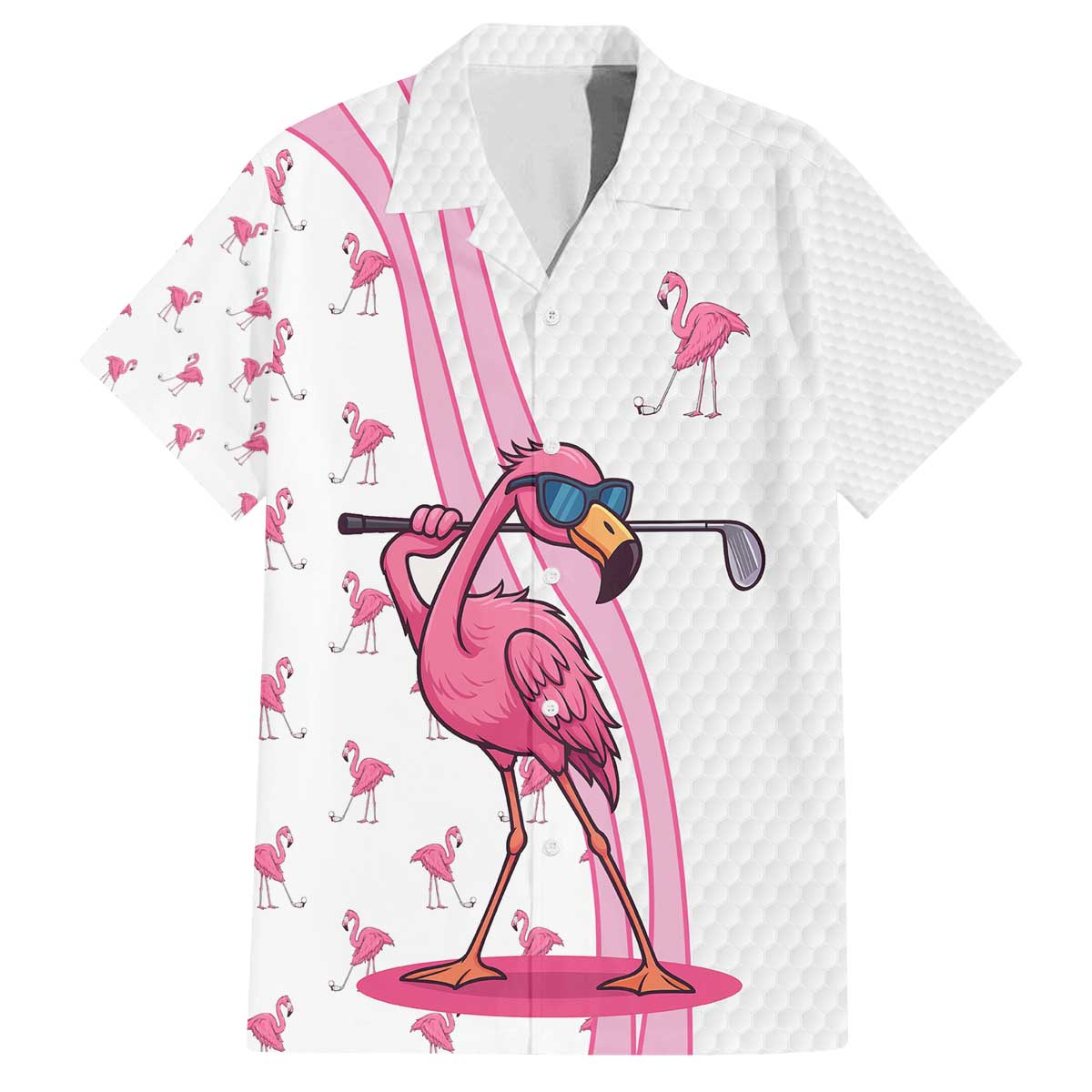 Personalized Pink Flamingo Playing Golf Family Matching Off The Shoulder Long Sleeve Dress and Hawaiian Shirt Sunglasses and White Pattern Background Design - Wonder Print Shop