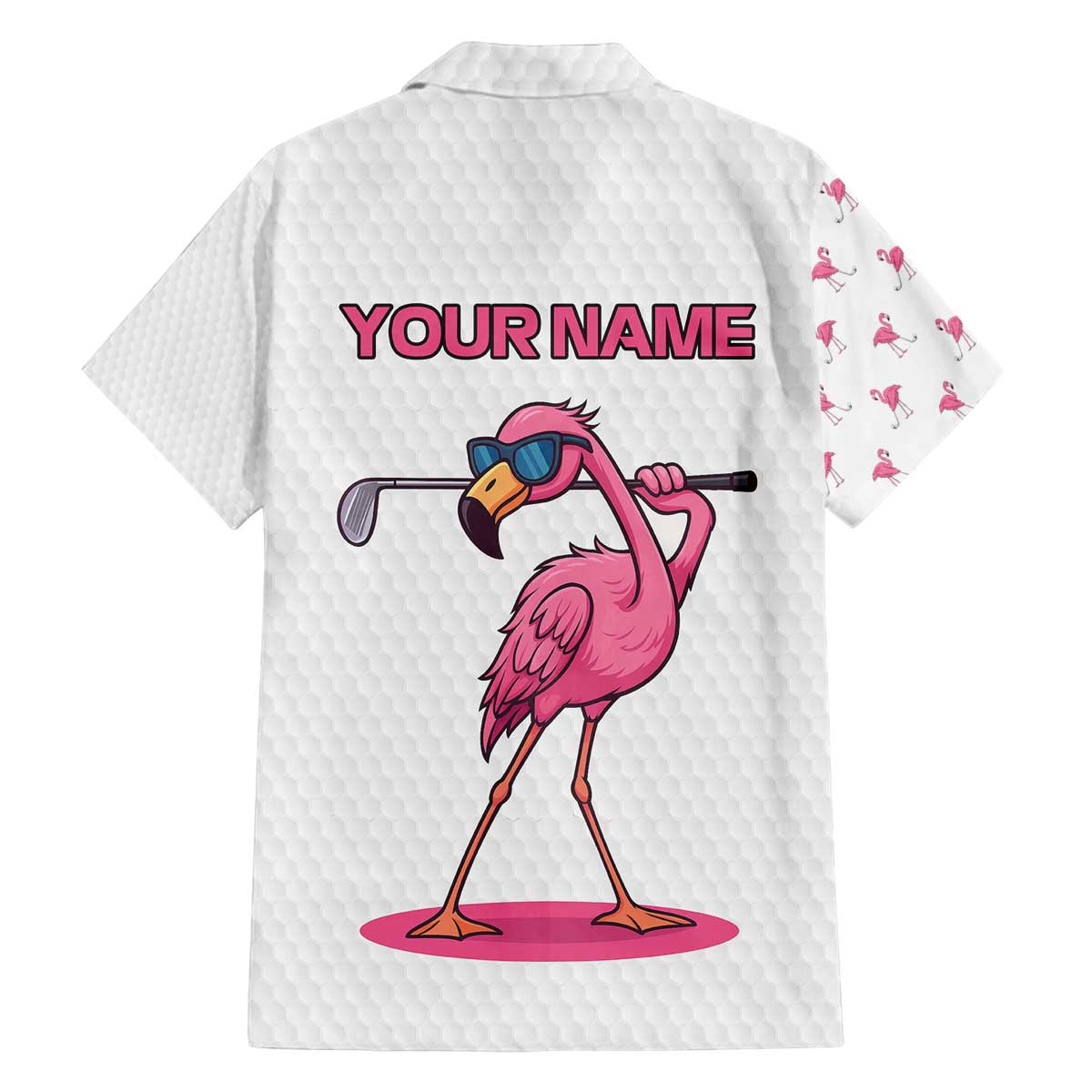 Personalized Pink Flamingo Playing Golf Family Matching Off The Shoulder Long Sleeve Dress and Hawaiian Shirt Sunglasses and White Pattern Background Design - Wonder Print Shop