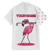 Personalized Pink Flamingo Playing Golf Family Matching Off The Shoulder Long Sleeve Dress and Hawaiian Shirt Sunglasses and White Pattern Background Design - Wonder Print Shop