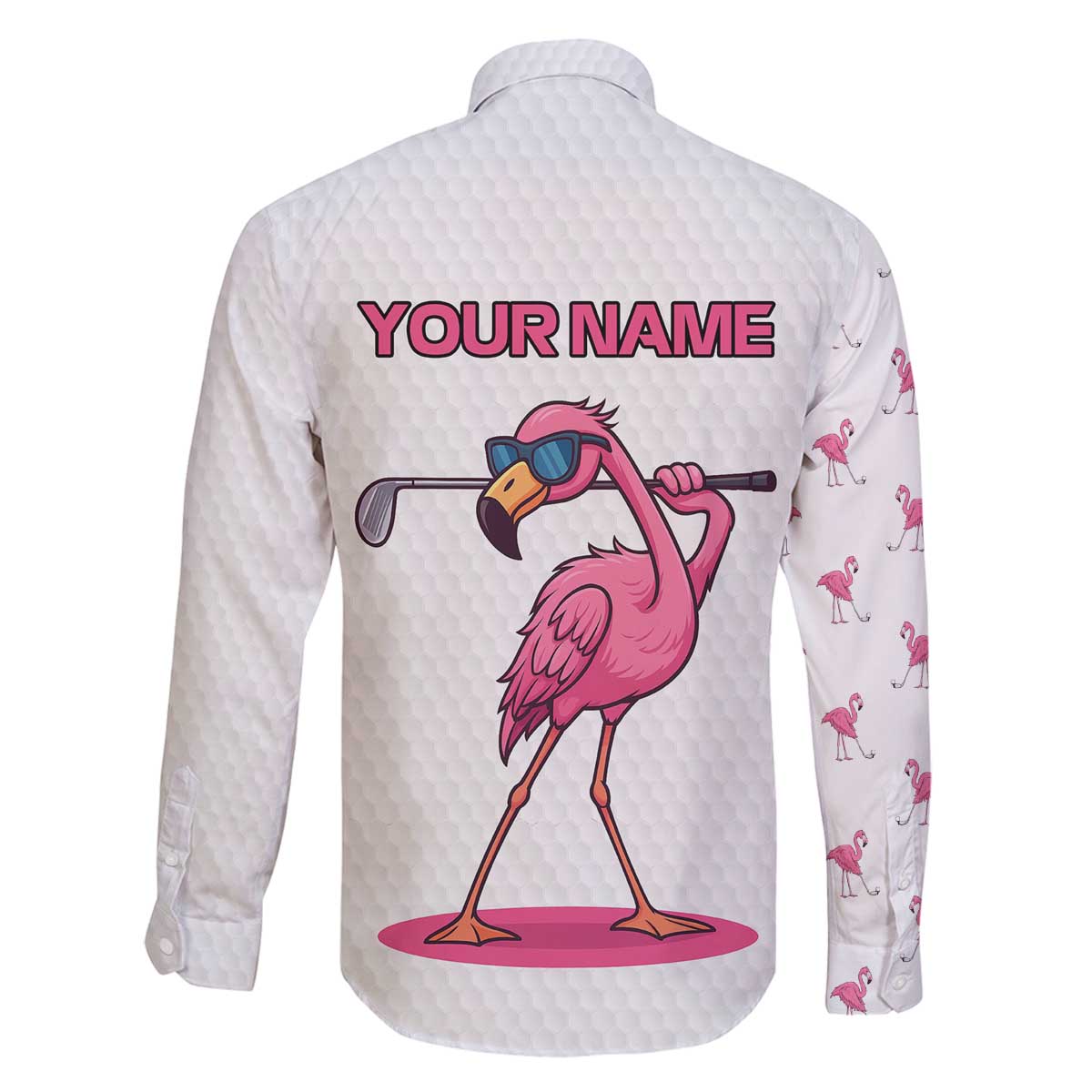Personalized Pink Flamingo Playing Golf Family Matching Off The Shoulder Long Sleeve Dress and Hawaiian Shirt Sunglasses and White Pattern Background Design - Wonder Print Shop