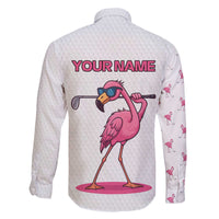 Personalized Pink Flamingo Playing Golf Family Matching Off The Shoulder Long Sleeve Dress and Hawaiian Shirt Sunglasses and White Pattern Background Design - Wonder Print Shop