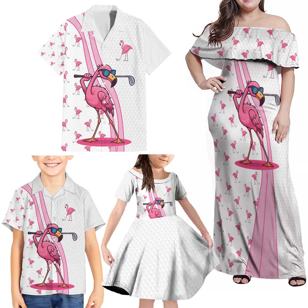 Personalized Pink Flamingo Playing Golf Family Matching Off Shoulder Maxi Dress and Hawaiian Shirt Sunglasses and White Pattern Background Design - Wonder Print Shop